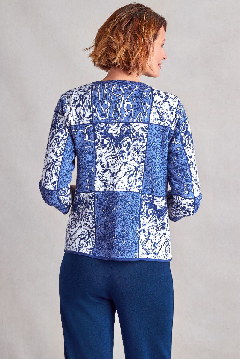 Lily Ella Collection blue and white patterned patchwork jacket for women, stylish three-quarter sleeve design with elegant print, versatile fashion outerwear for sophisticated looks.