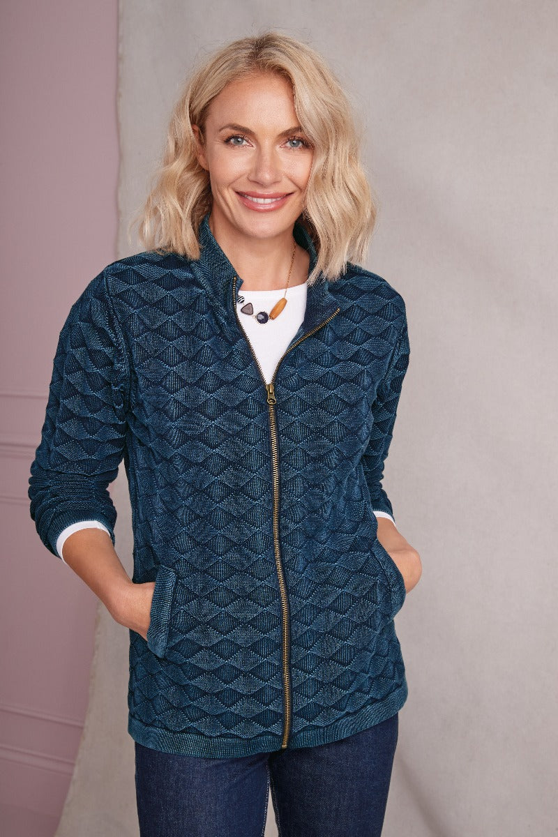 Lily Ella Collection stylish textured blue jacket with zipper, casual elegant outerwear, woman in chic autumn fashion clothing, trendy geometric pattern design