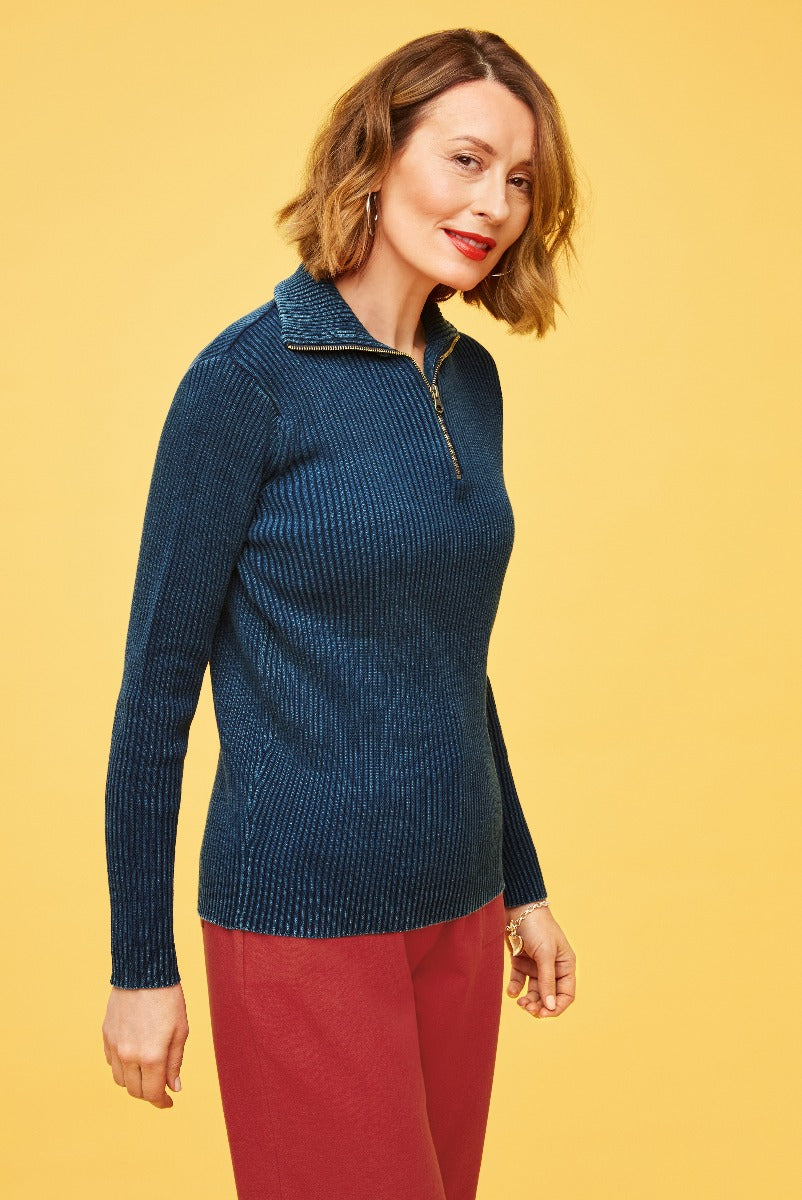 Lily Ella Collection elegant navy ribbed zip-up jumper paired with stylish red trousers for women, trendy casual autumn wear fashion.