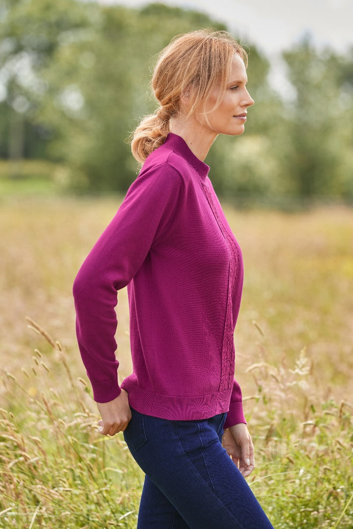 Lily Ella Collection magenta knit sweater for women, featuring a cable knit detail in a comfortable and stylish design, ideal for casual autumn wear