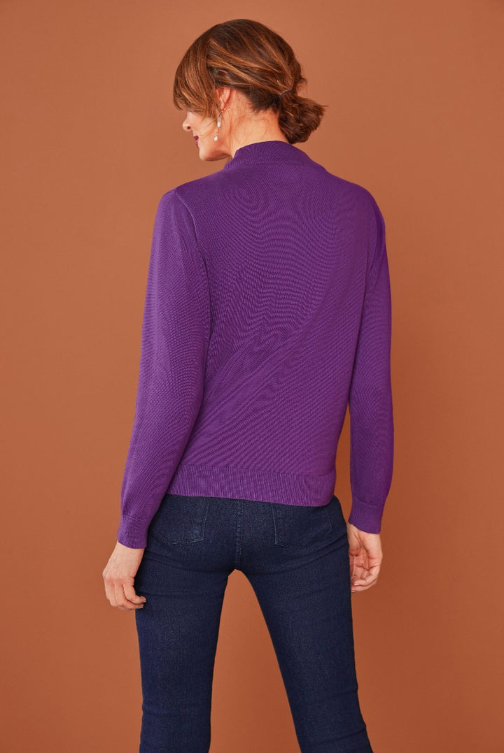 Lily Ella Collection women's textured purple sweater rear view, stylish knitwear, elegant ladies' top with ribbed detailing, paired with dark denim jeans.