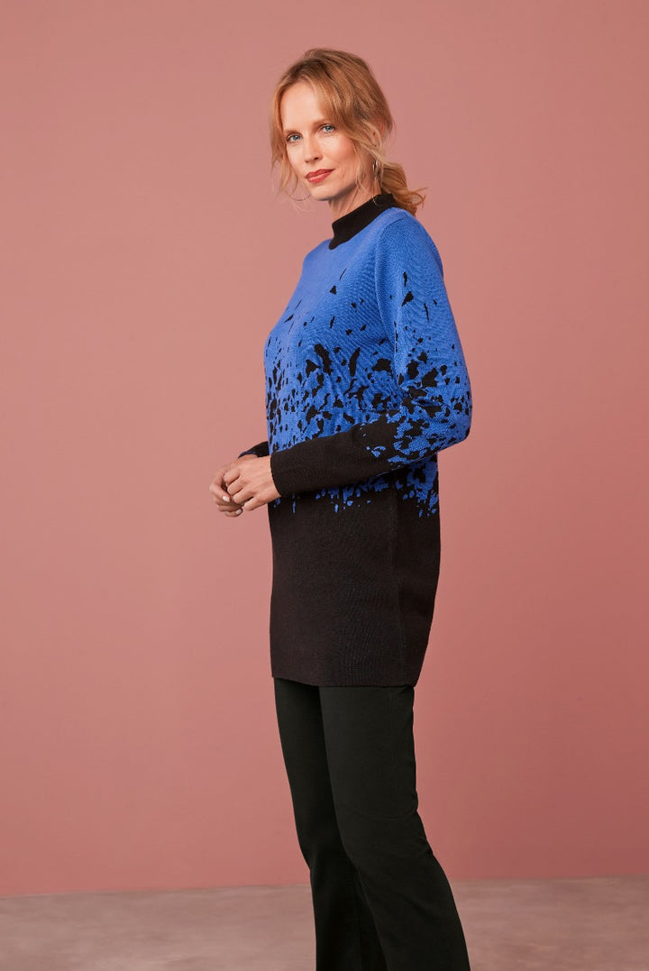 Lily Ella Collection ombre blue to black stylish jumper fashion for modern women against pink background