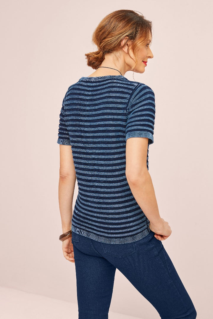 Lily Ella Collection navy and light blue striped knit top, stylish women's casual wear, rear view showing the elegant fit and design details.
