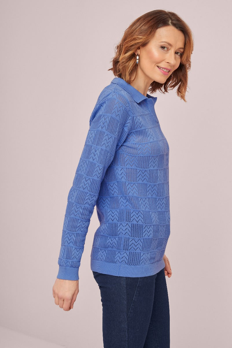 Lily Ella Collection blue geometric pattern sweater fashion model showcasing stylish women's knitwear