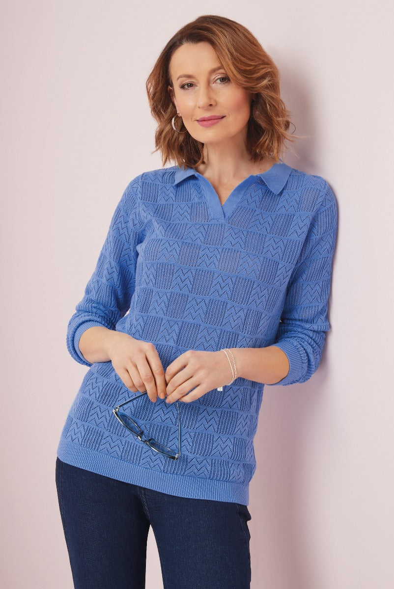 Lily Ella Collection stylish cornflower blue geometric-pattern knitted jumper, elegant women's fashion, casual chic look with collar.