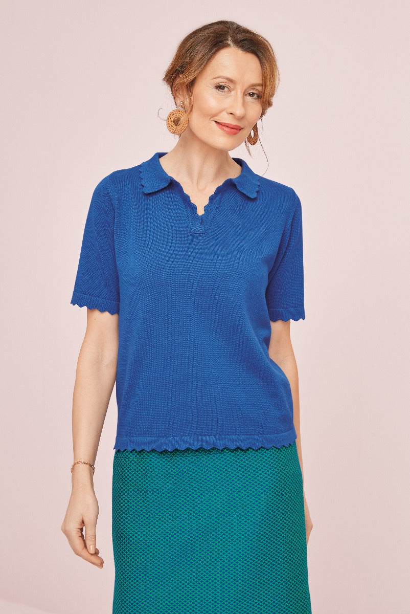 Lily Ella Collection elegant royal blue knitted top with scallop trim detail paired with stylish green skirt, fashionable outfit for mature women.