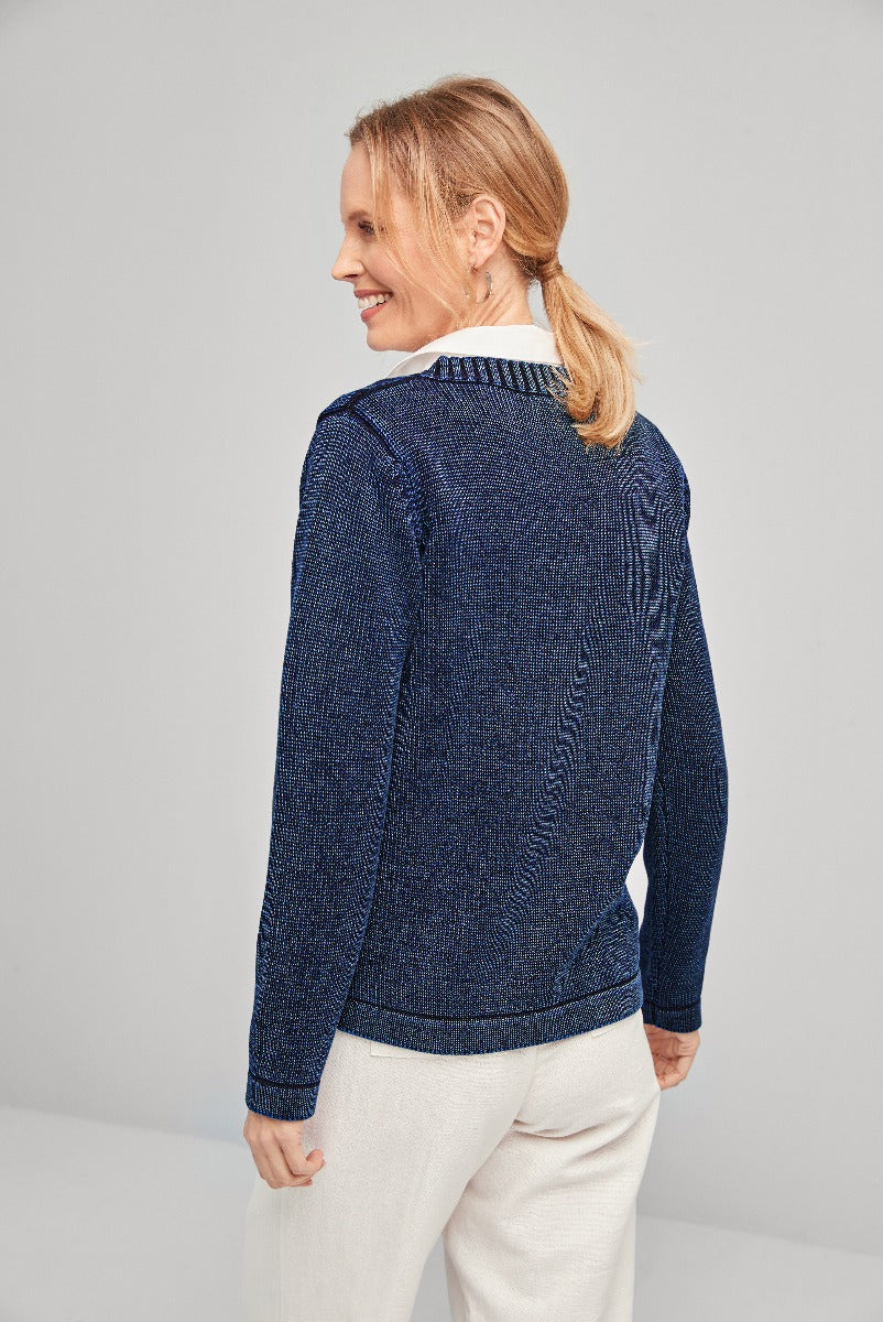 Lily Ella Collection navy blue textured cardigan, stylish women's knitwear, casual elegant look with cream trousers