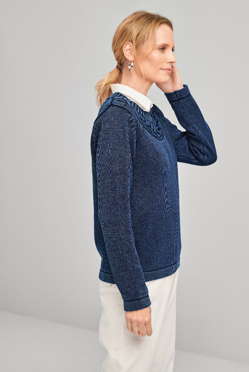 Lily Ella Collection navy blue textured knit sweater with white collar detail, elegant casual women's fashion, side profile view