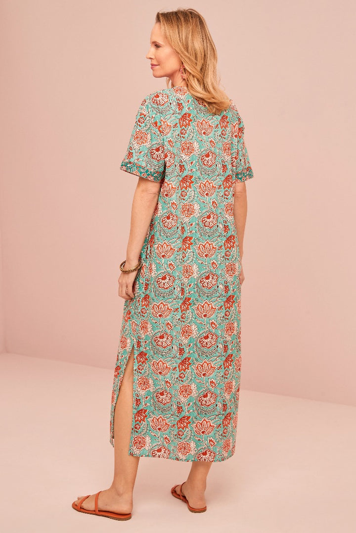 Lily Ella Collection teal midi dress with floral pattern, elegant women's summer fashion, side view showcasing three-quarter sleeves and relaxed fit design