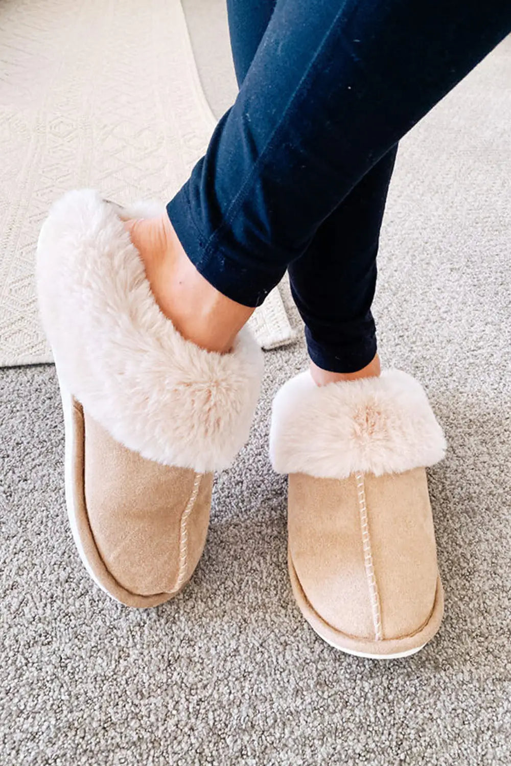 Khaki Cut and Sew Faux Suede Plush Lined Slippers-0