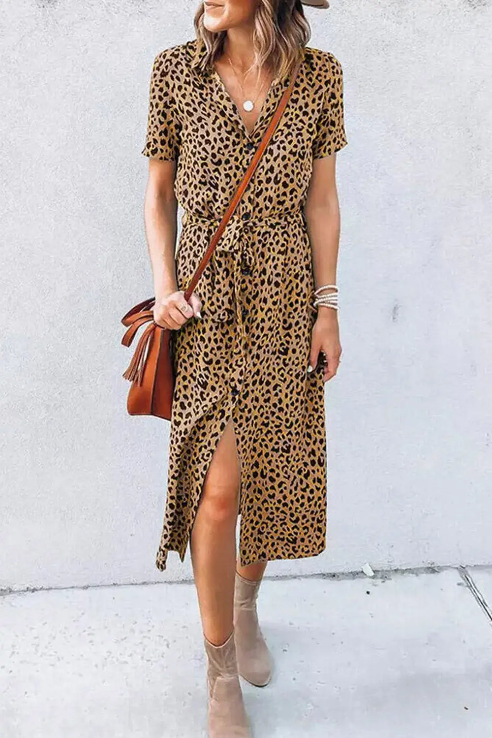Khaki Leopard Turn-Down Collar Slit Midi Dress-1