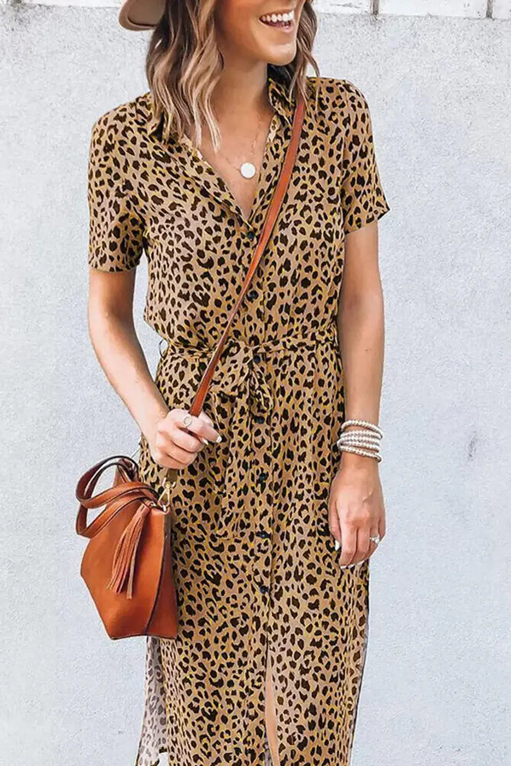 Khaki Leopard Turn-Down Collar Slit Midi Dress-0