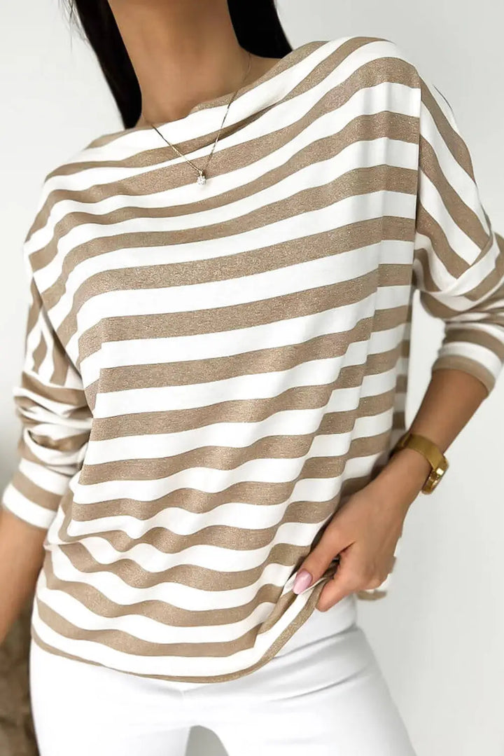 Khaki Striped Boat Neck Long Sleeve Top-0