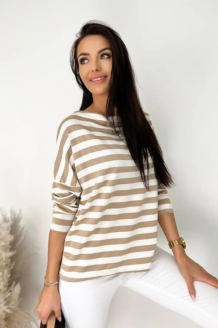 Khaki Striped Boat Neck Long Sleeve Top-1