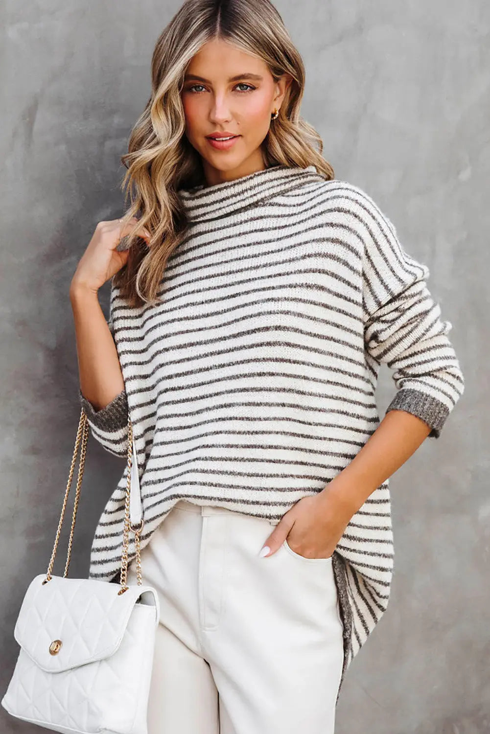 Khaki Striped Turtleneck Loose Sweater-2