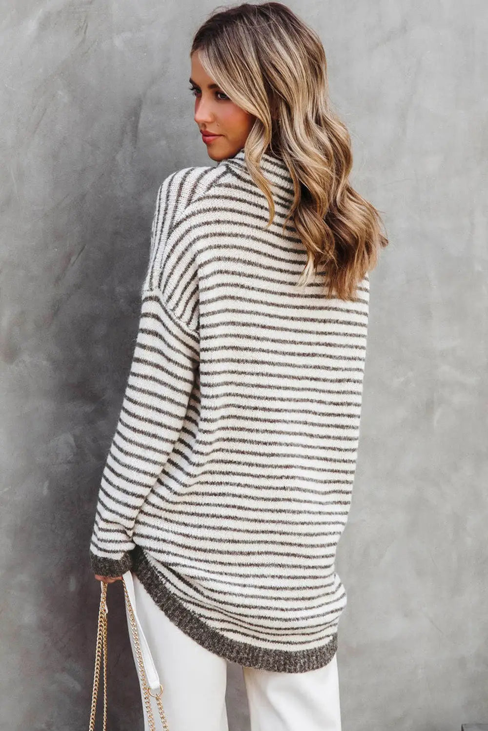 Khaki Striped Turtleneck Loose Sweater-1