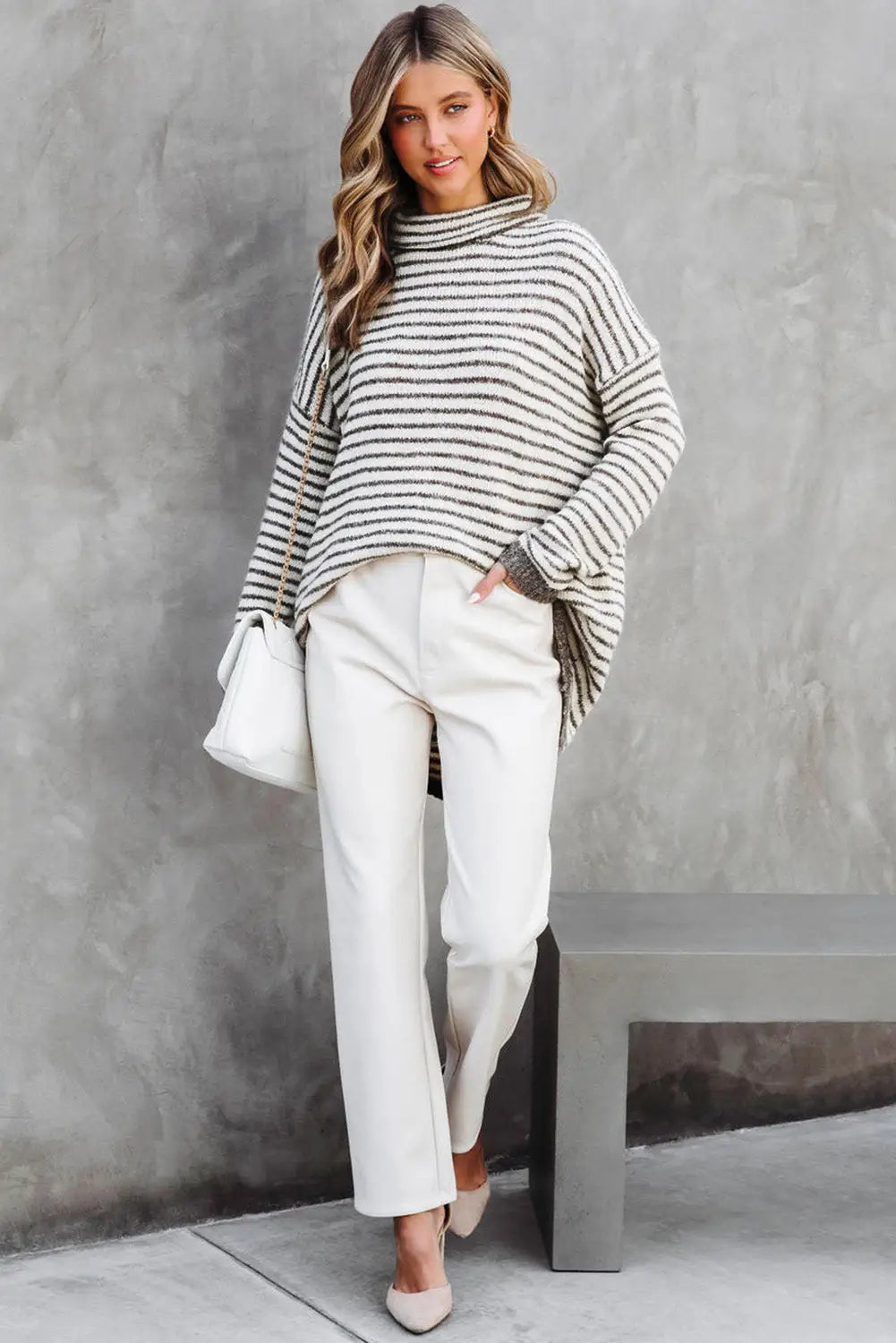 Khaki Striped Turtleneck Loose Sweater-4