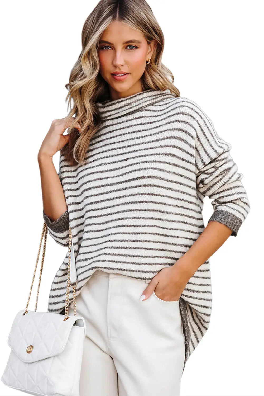 Khaki Striped Turtleneck Loose Sweater-14