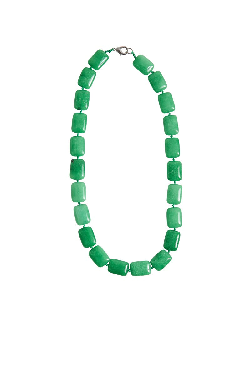 Lily Ella Collection emerald green rectangular bead necklace, elegant women's fashion accessory, statement jewelry piece on white background