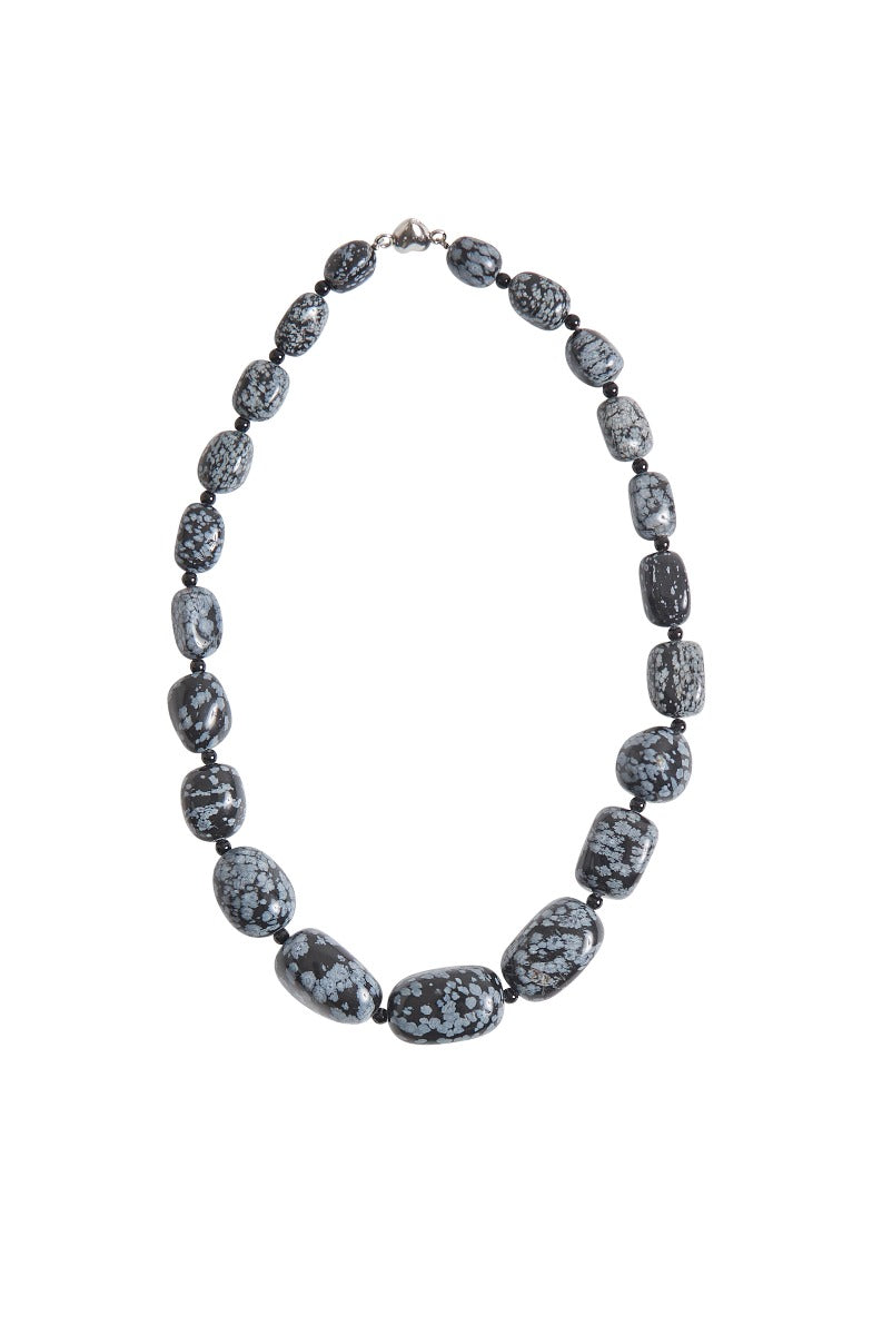 Lily Ella Collection elegant charcoal grey speckled oval bead necklace on white background