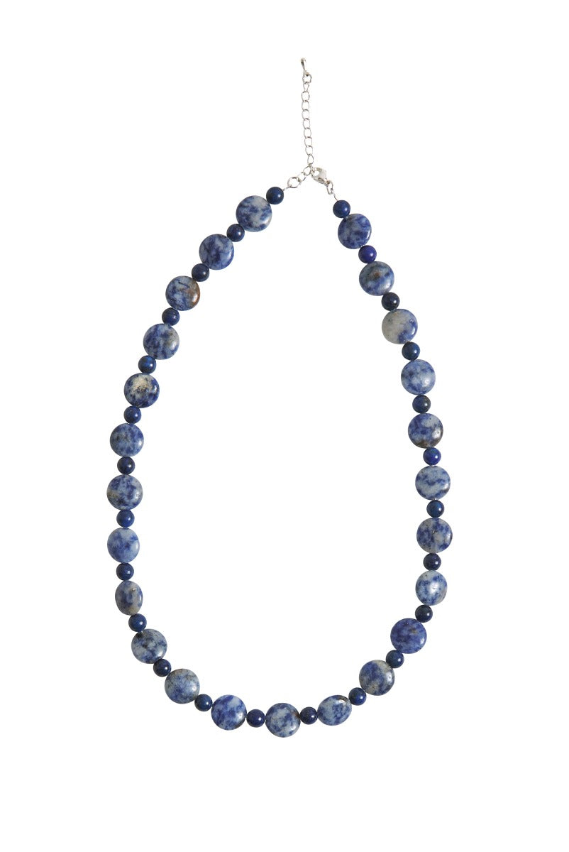 Lily Ella Collection elegant blue gemstone bead necklace isolated on white background, stylish women's fashion jewelry accessory.