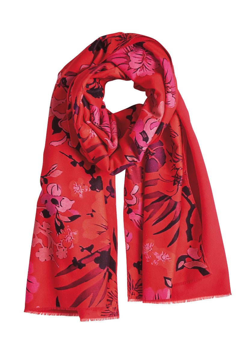 Lily Ella Collection red floral print scarf, women's fashion accessory, vibrant red color with pink and black flower pattern, stylish all-season scarf