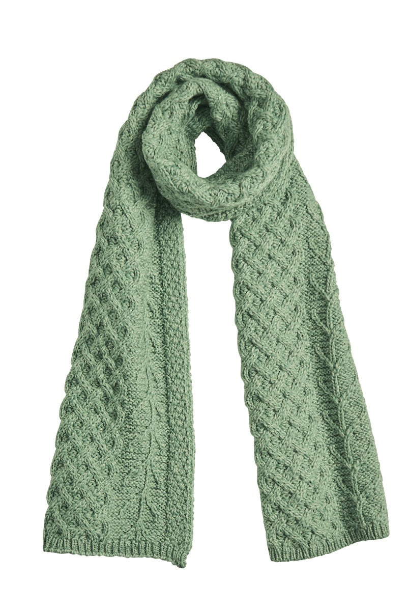 Lily Ella Collection sage green cable knit scarf, stylish winter accessory for women, cozy warm knitted pattern scarf.