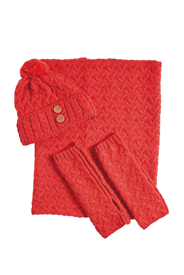 Lily Ella Collection red cable knit scarf and beanie set with button details on white background
