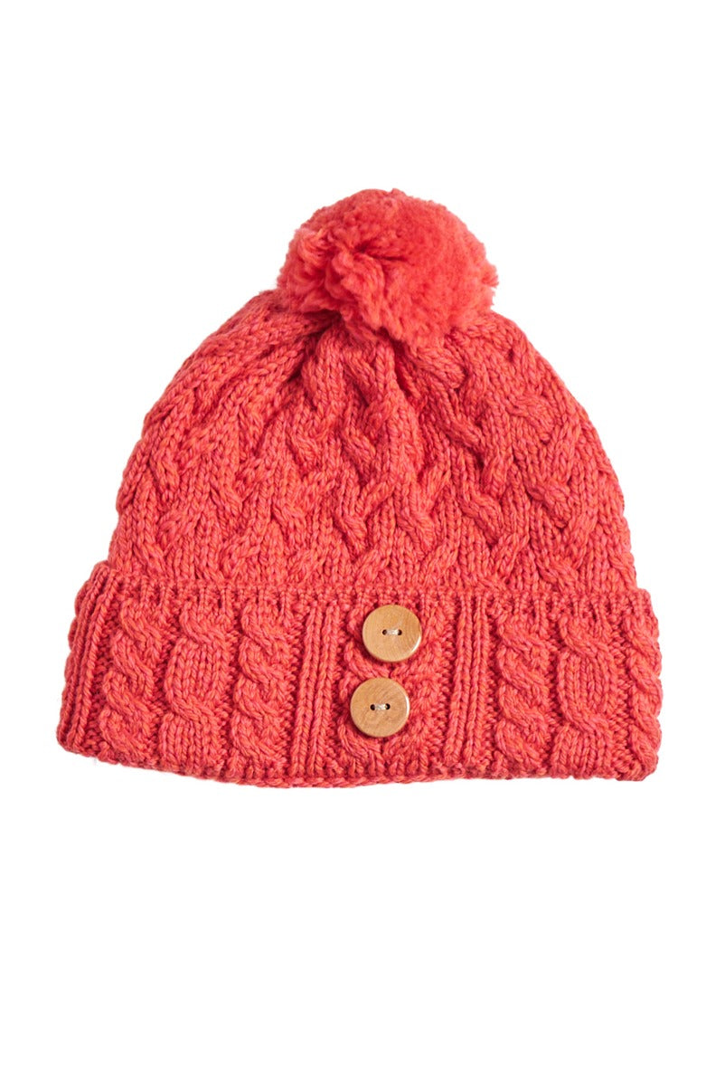 Lily Ella Collection coral knit beanie with pom-pom and wooden button details