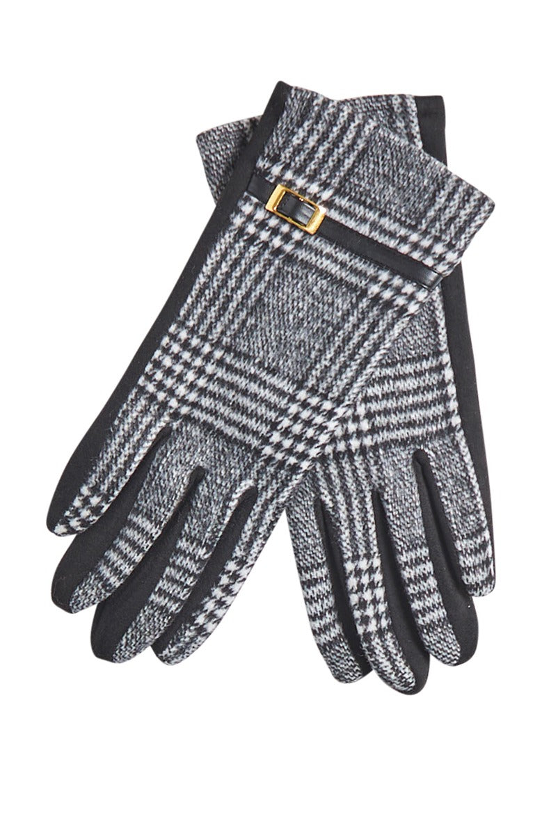 Lily Ella Collection women's houndstooth gloves in black and white with buckle detail, winter fashion accessories, stylish warm gloves