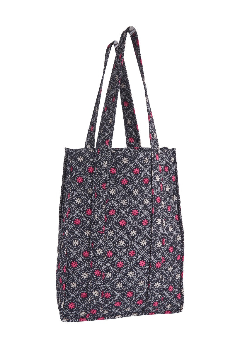 Lily Ella Collection women's tote bag in dark navy with pink floral pattern, stylish and spacious accessory for everyday use.
