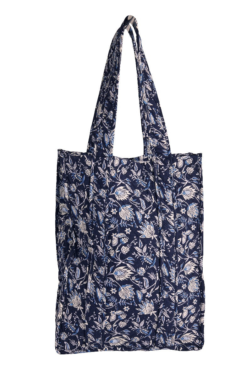 Lily Ella Collection navy blue floral tote bag, stylish women's accessory with elegant leaf and flower print design, versatile and fashionable carryall