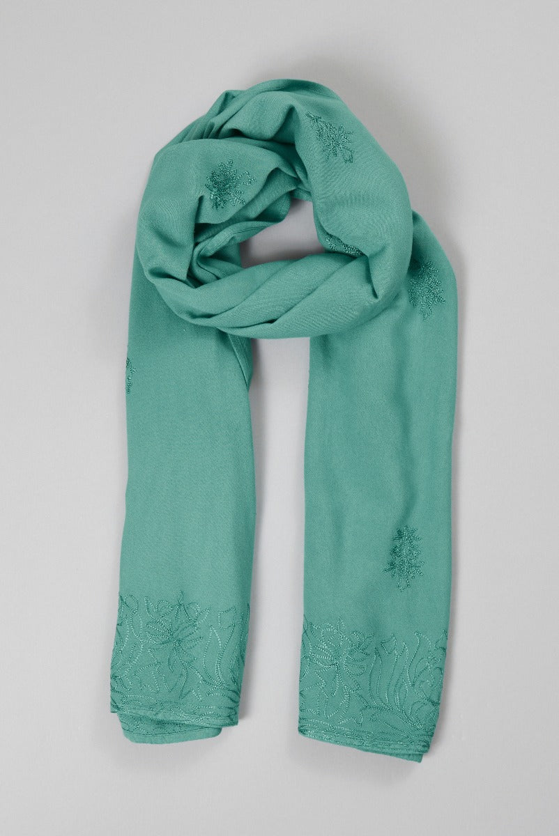 Lily Ella Collection teal scarf with delicate embroidery and paisley pattern, elegant women's accessory for fashion and style