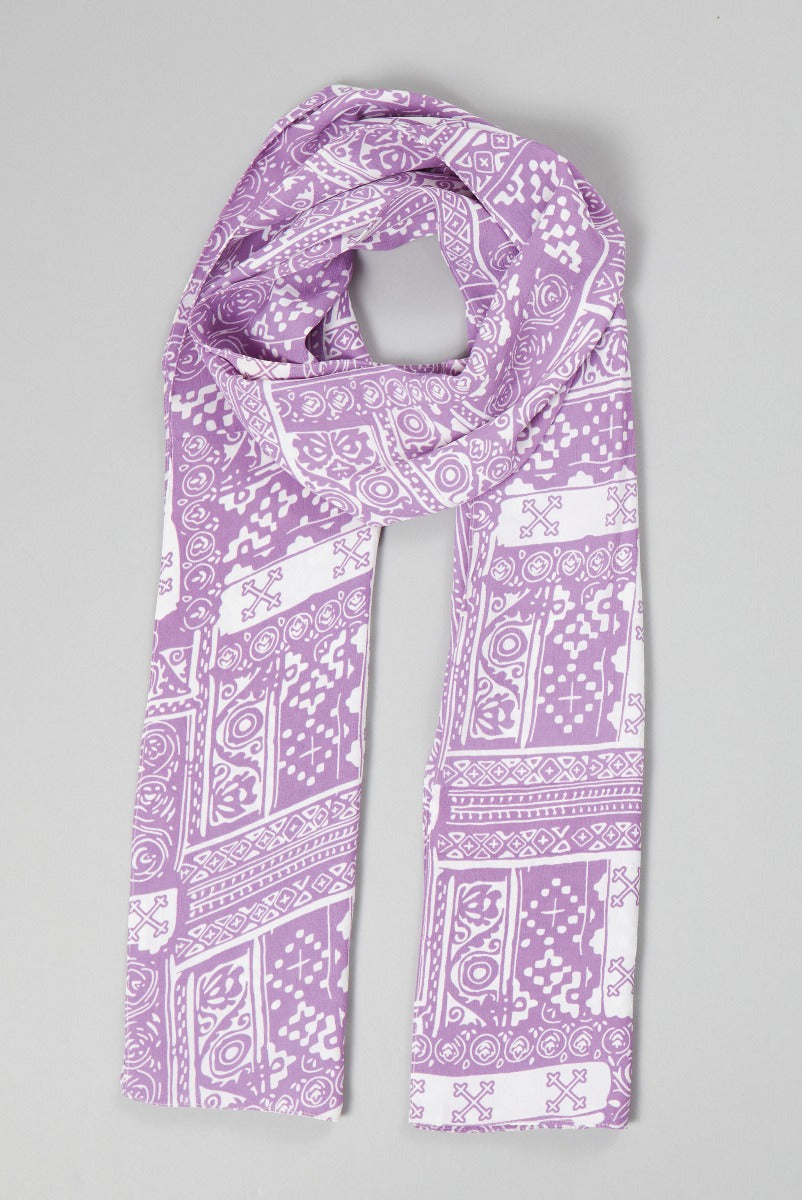 Lily Ella Collection purple paisley printed scarf, stylish women's bohemian fashion accessory, versatile lavender and white patterned scarf for elegant outfits.
