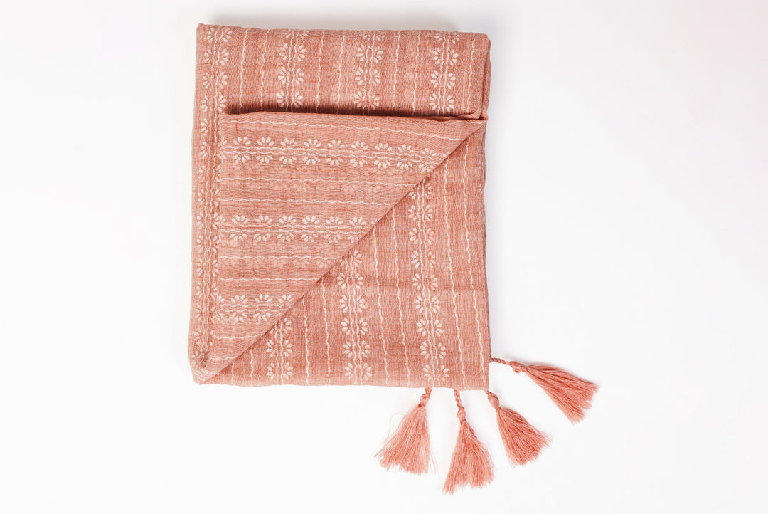 Lily Ella Collection stylish terracotta patterned scarf with tassel detailing on white background