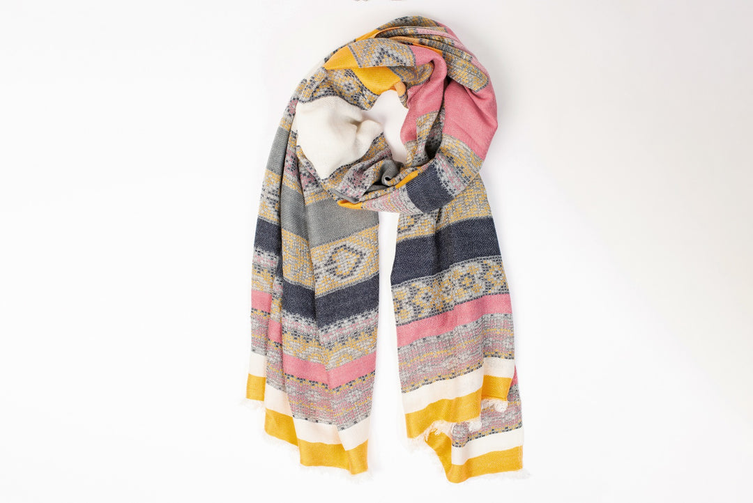 Lily Ella Collection multicolored patterned scarf with yellow, pink, and navy stripes, trendy women's fashion accessory on a white background