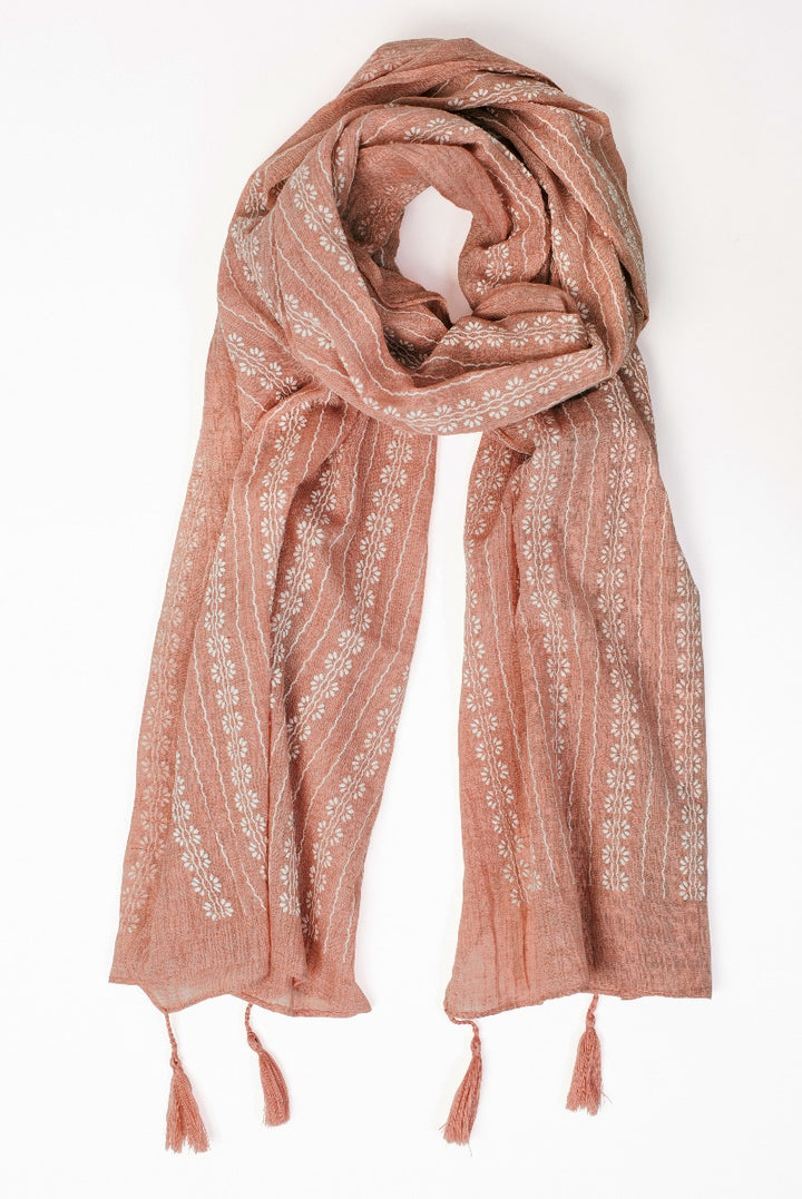 Lily Ella Collection women's dusty rose scarf with white floral pattern and tassels, elegant lightweight accessory for spring and summer fashion.
