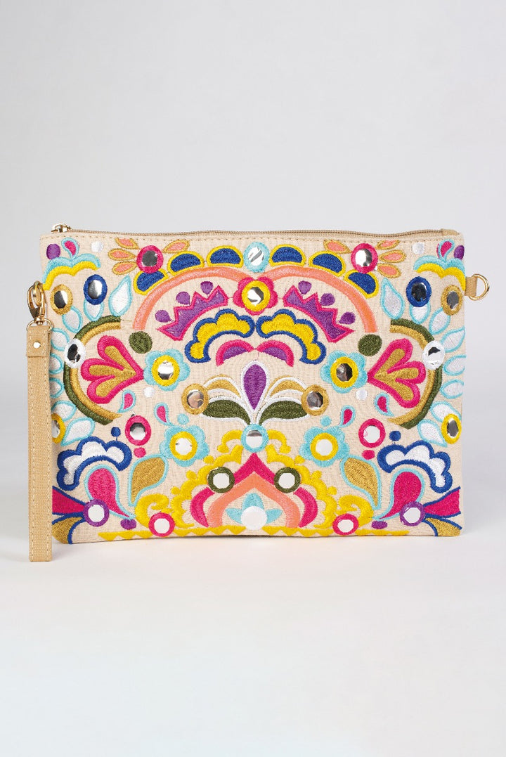 Lily Ella Collection embroidered floral clutch bag in vibrant multi-colors with beaded embellishments and detachable tan wrist strap