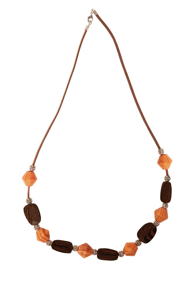 Lily Ella Collection women's fashion accessory, brown and peach wooden bead necklace, stylish geometric shapes with silver accents on a leather cord.