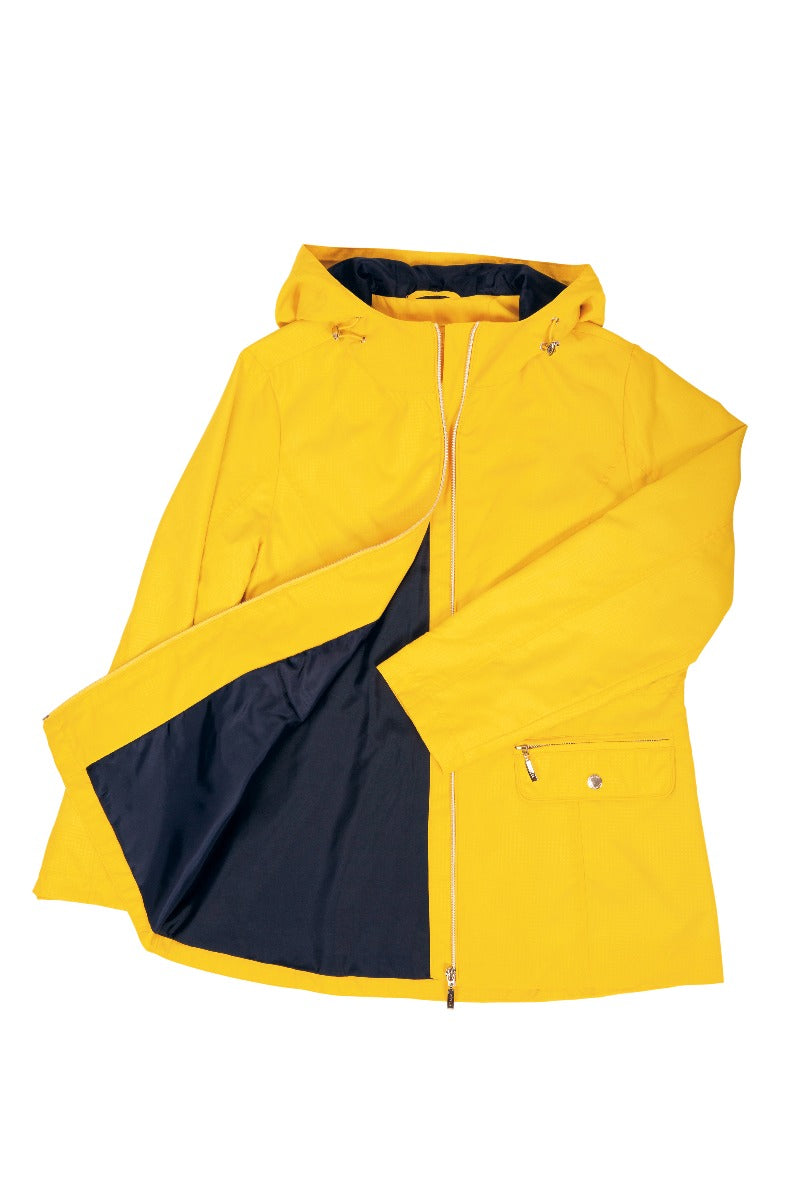 Lily Ella Collection yellow waterproof jacket with hood, zip front, and contrast navy lining.