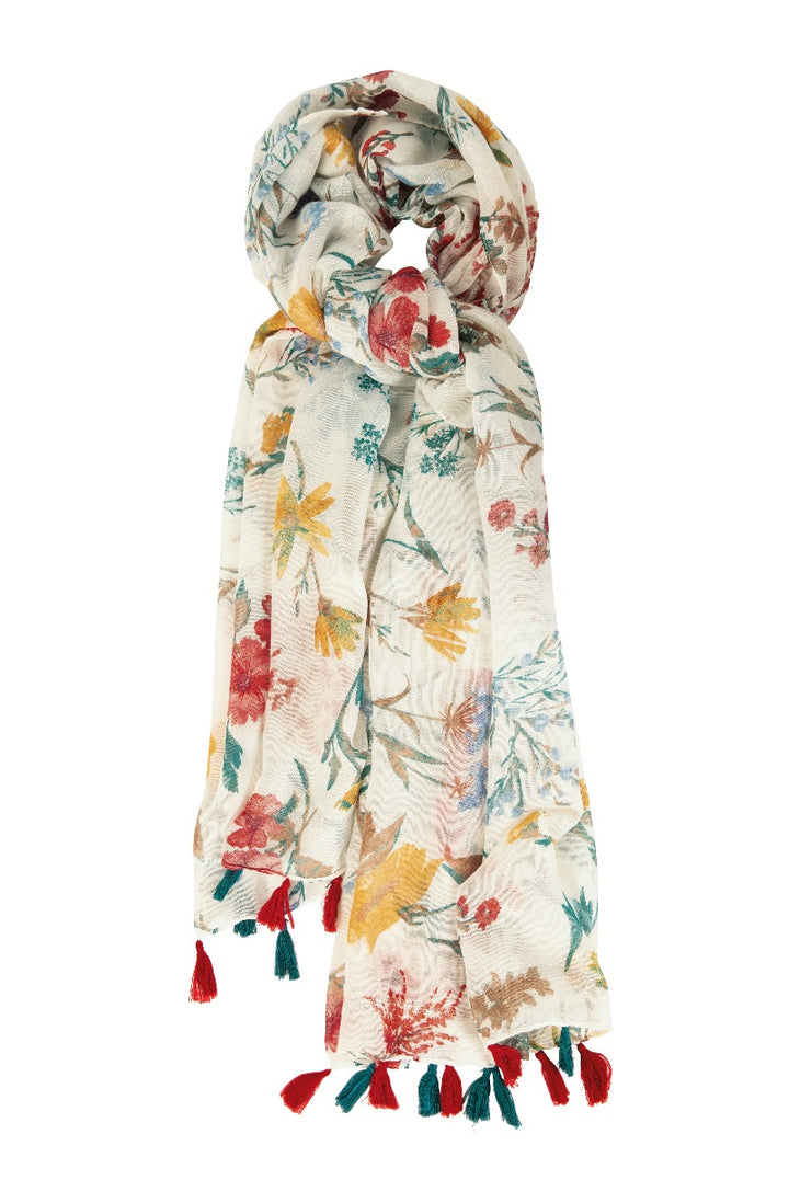 Lily Ella Collection floral print scarf with tassel detailing in cream color, stylish women's autumn accessory.