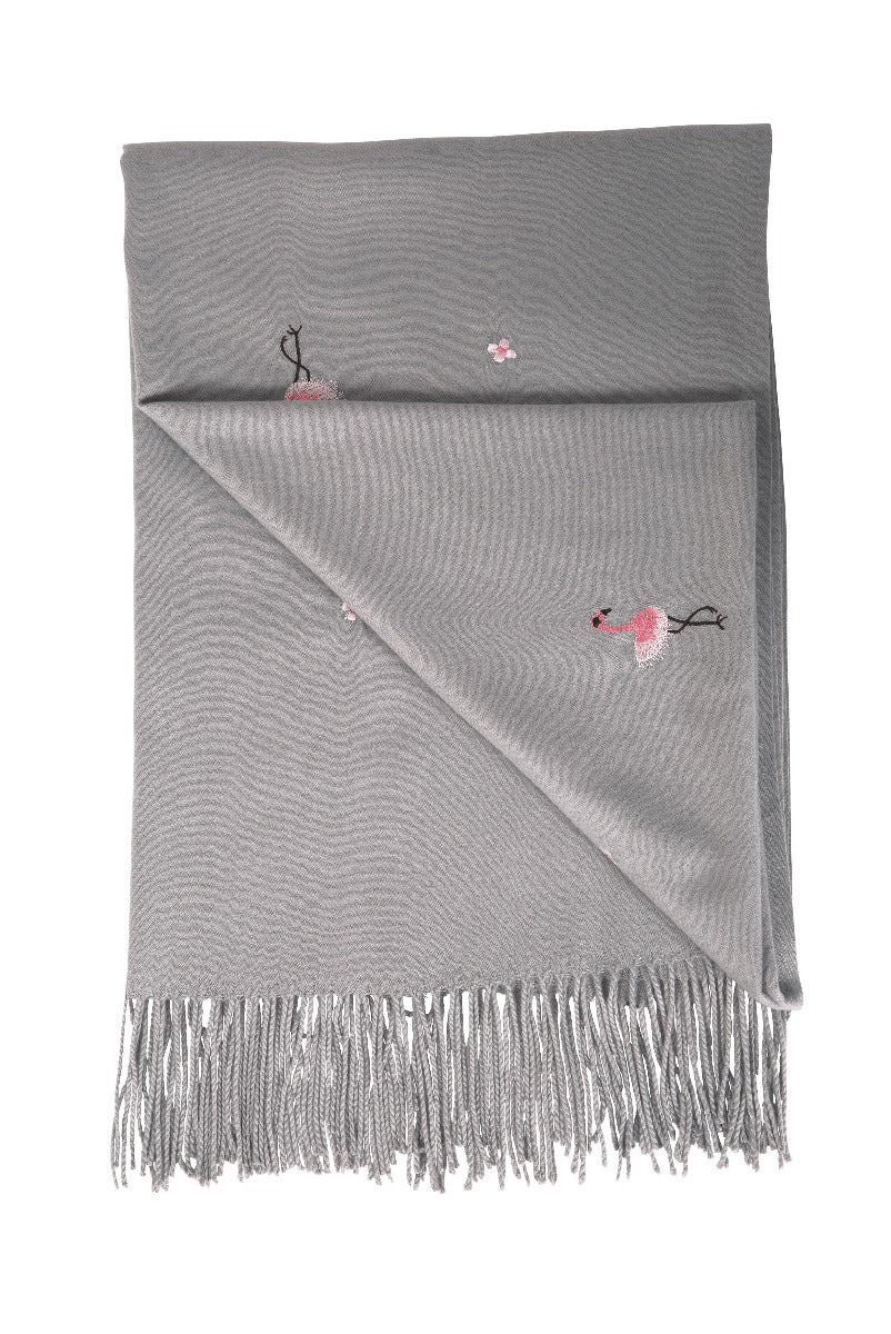 Lily Ella Collection grey blanket scarf with pink embroidered mouse detail and tasseled fringe