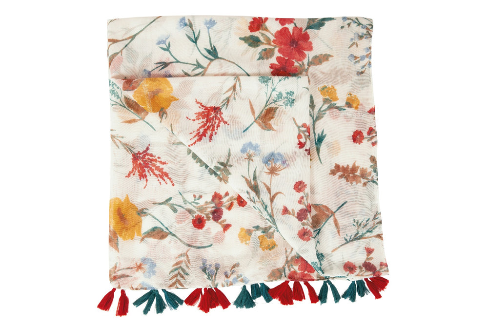 Lily Ella Collection floral print scarf with red and blue tassels, elegant women's accessory in pastel shades, lightweight summer scarf design.