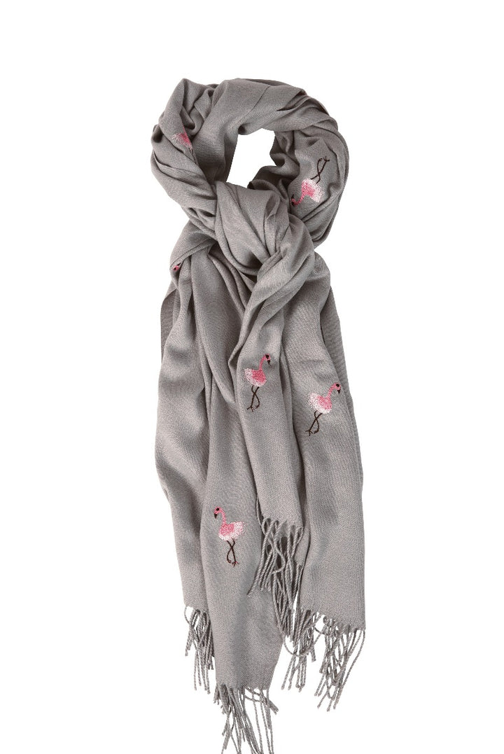 Lily Ella Collection women's grey embroidered bird scarf with fringed edges, elegant and cozy fashion accessory for any outfit