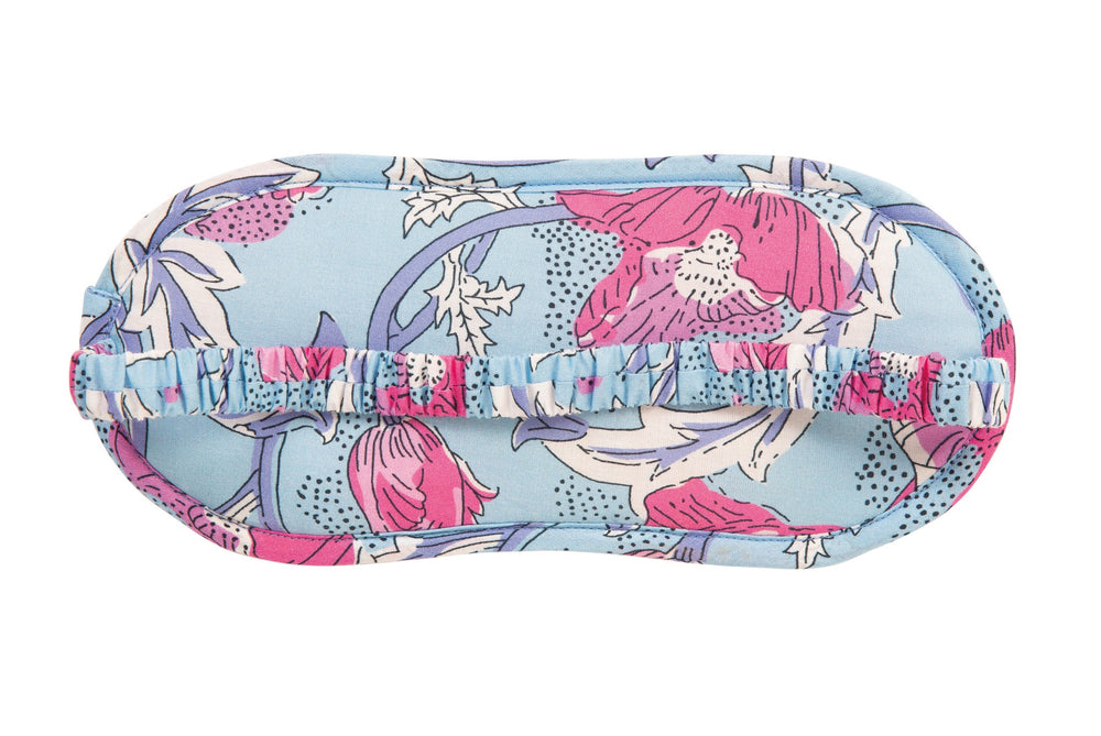 Lily Ella Collection blue floral patterned eyemask with ruffle detail, comfortable sleep accessory in stylish design