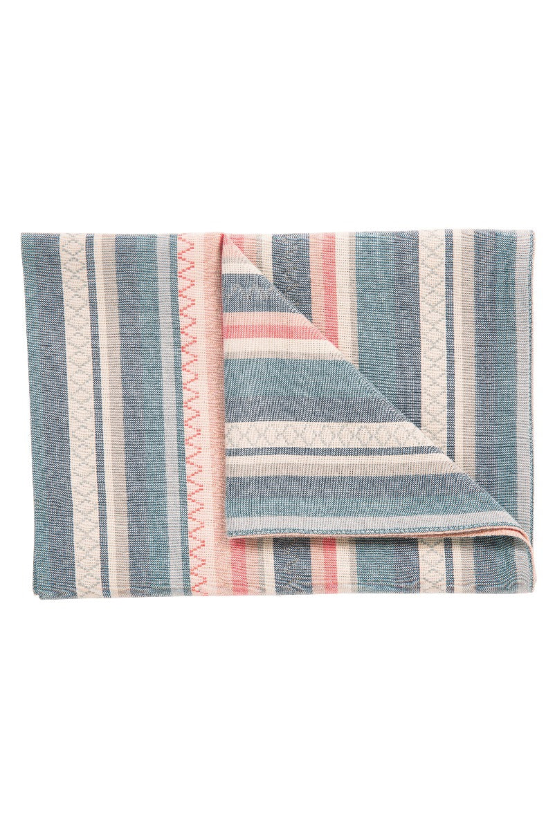 Lily Ella Collection striped scarf in pastel blue and pink tones with delicate fringed edges, stylish lightweight women's accessory for spring and summer fashion.