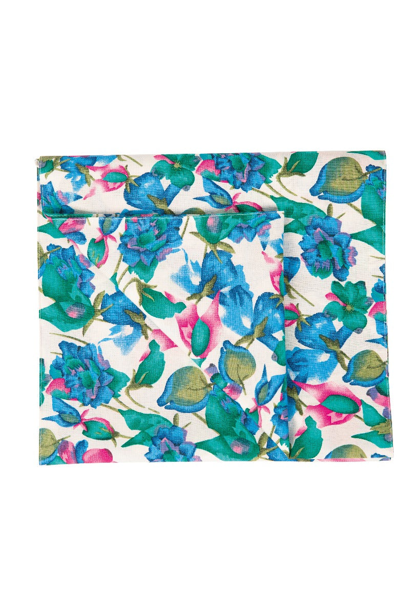 Lily Ella Collection floral print scarf in vibrant blue and pink tones on white background, stylish women's accessory.