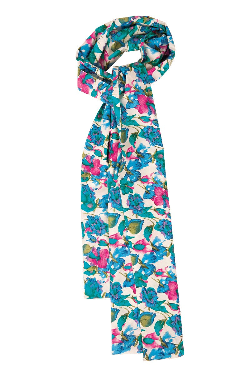 Lily Ella Collection floral print scarf in vibrant pink and blue tones on a white background, stylish women's fashion accessory.