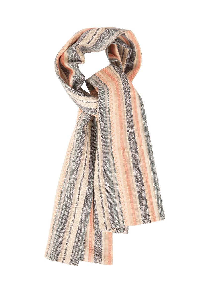 Lily Ella Collection stylish striped scarf in peach and grey tones, lightweight, versatile accessory for women's fashion.