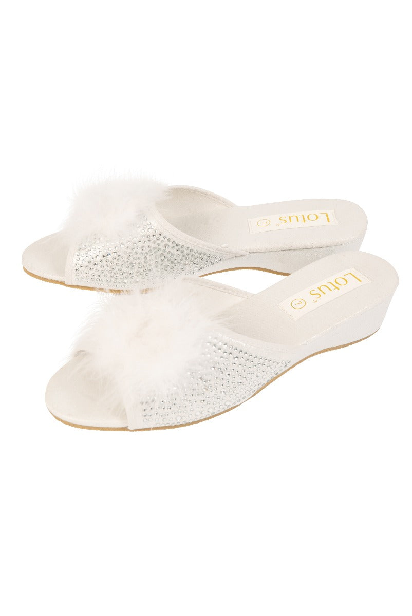 Lily Ella Collection white sandals with fluffy feather detail and rhinestone embellishments, stylish women's summer footwear.